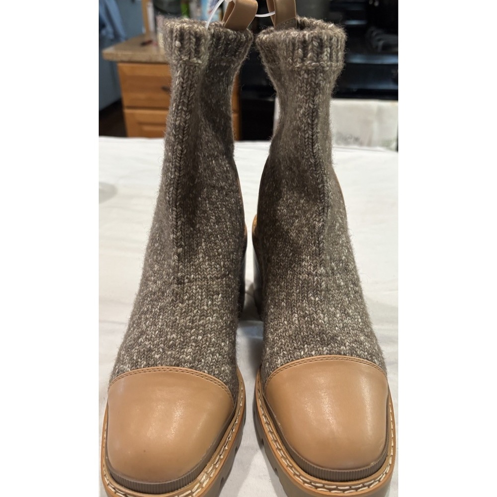 Sam Edelman New Rozanna Ankle Boots Knit Leather Block Heel Camel Women's 7 M